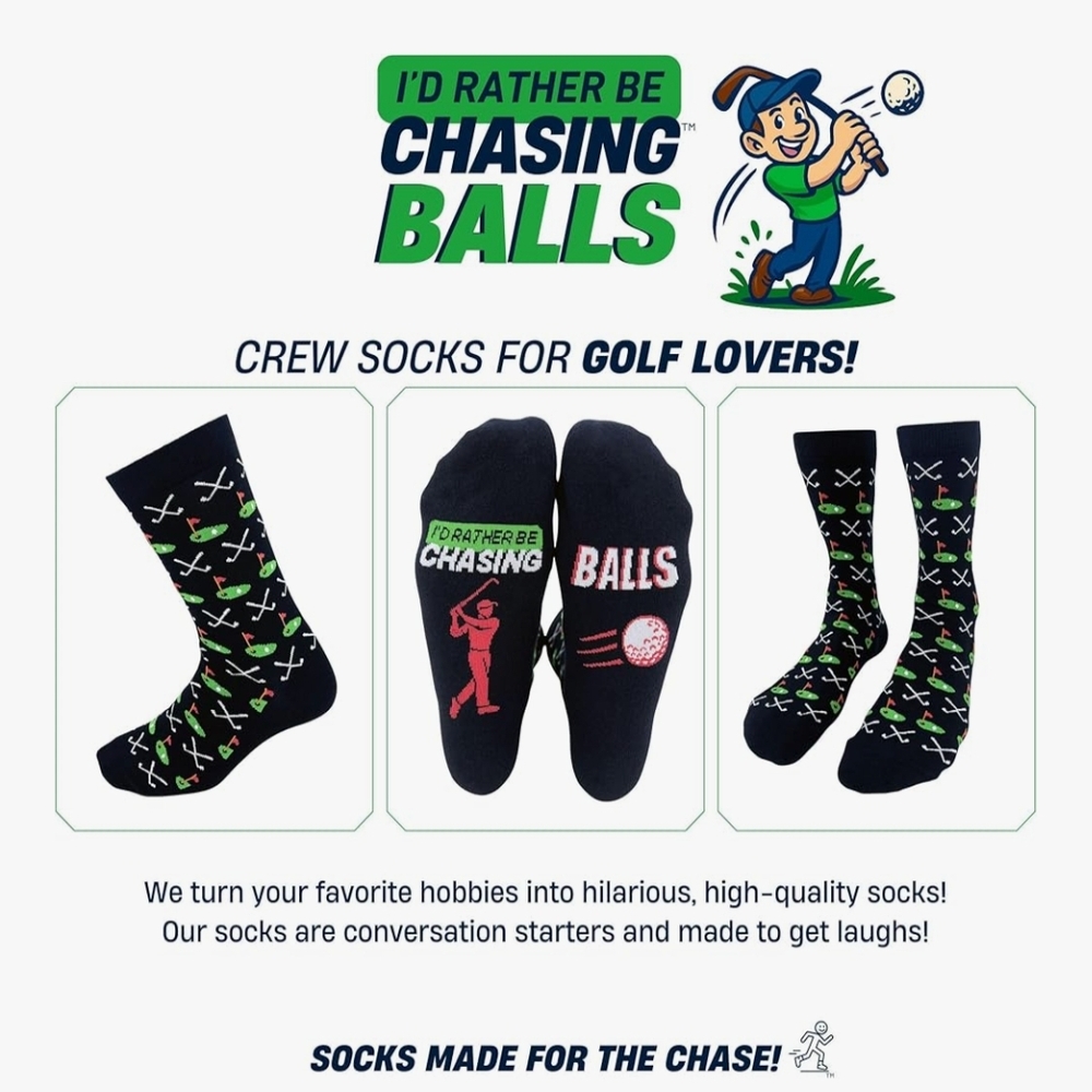 BNWT Men's Novelty Funny Golf Crew Socks - Black/Green Accent